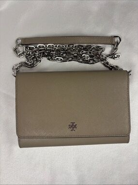 Tory Burch Saffiano Crossbody – Trench Taupe with Silver Hardware